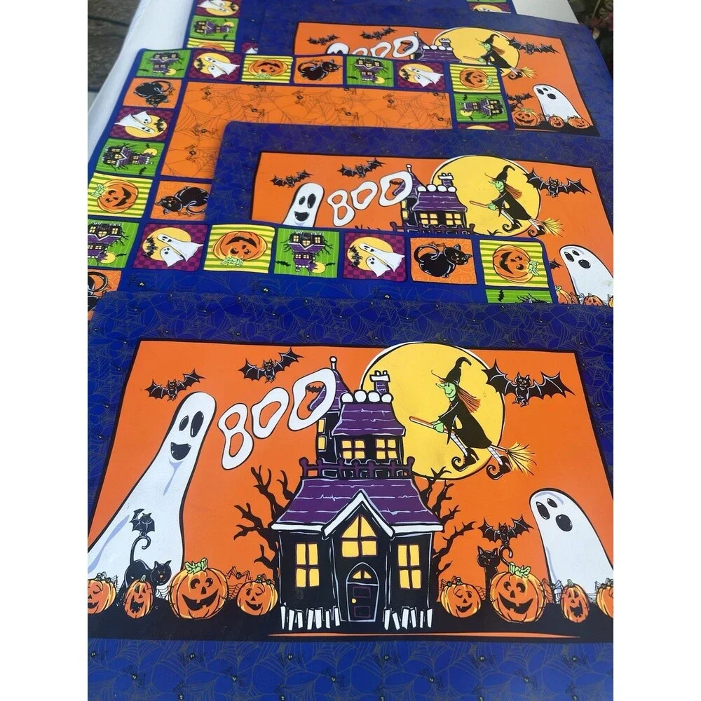 Vintage Halloween Foam Placemats Set of 7 12x18 Ghost Witch Black Cat